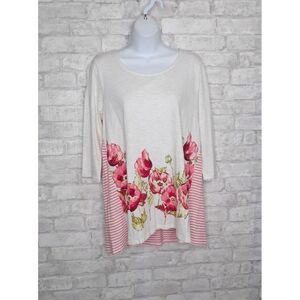 New J. Jill Tunic Top Soft Knit Oatmeal Striped Floral Cotton Linen Blend Size S
